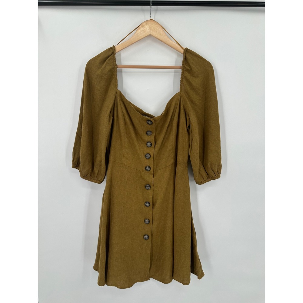 Zara TRF Mustard Linen Blend Button Down Puff Sleeve Mini Dress XL NWT 5400/301